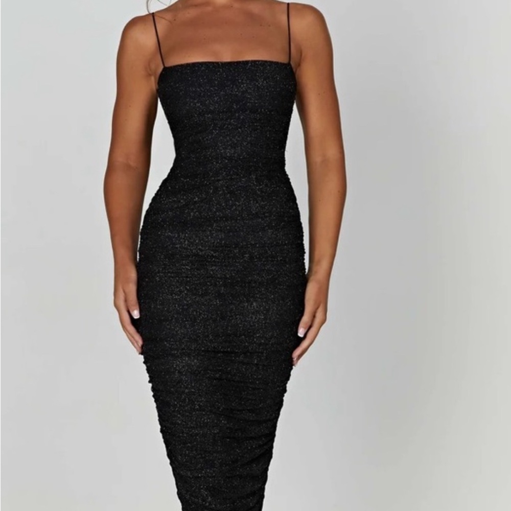 Oh Polly Black Sparkle Ruched Bodycon Midi Dress